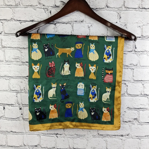 Whimsical assorted cats on silky green polyester with gold trim scarf, head wrap - Picture 12 of 15